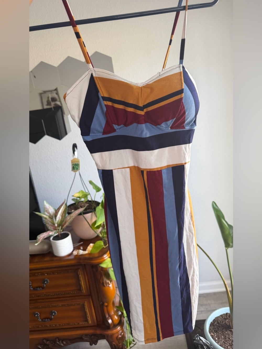 Rue21 Striped Spaghetti-Strap Midi Dress in Mustard, Navy & Burgundy